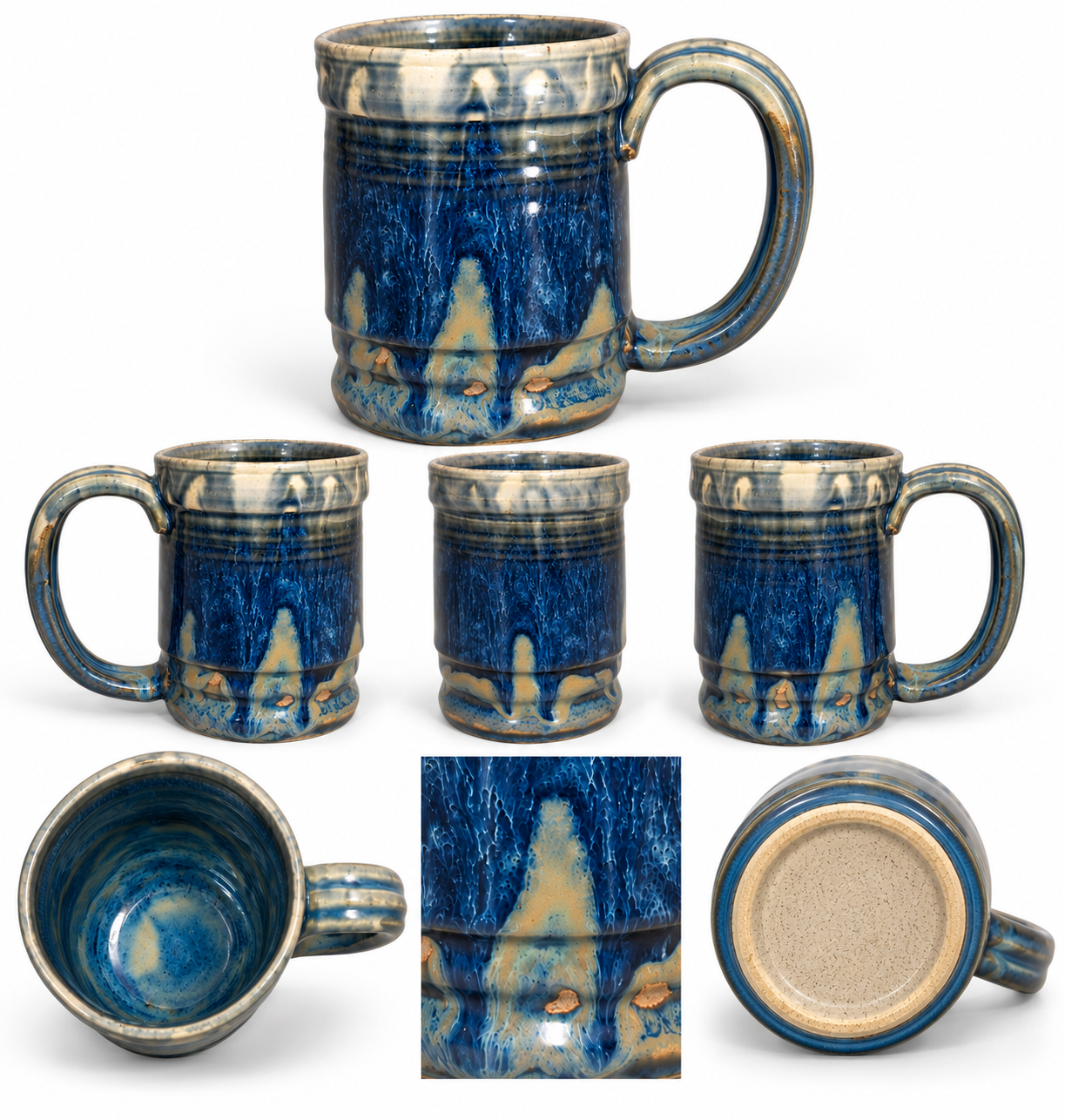 Storm Drifter large handmade mug with deep blue storm glaze drips over a sandy beige break, shown from multiple angles