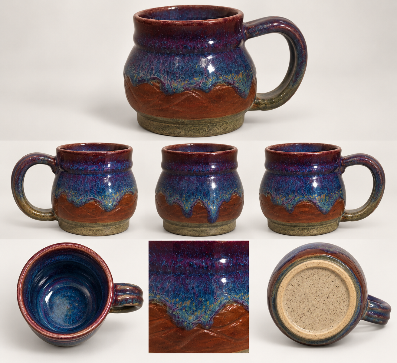 Crimson Mesa medium handmade stoneware mug with plum and blue glaze dripping over a carved red clay mountain ridge, shown from multiple angles