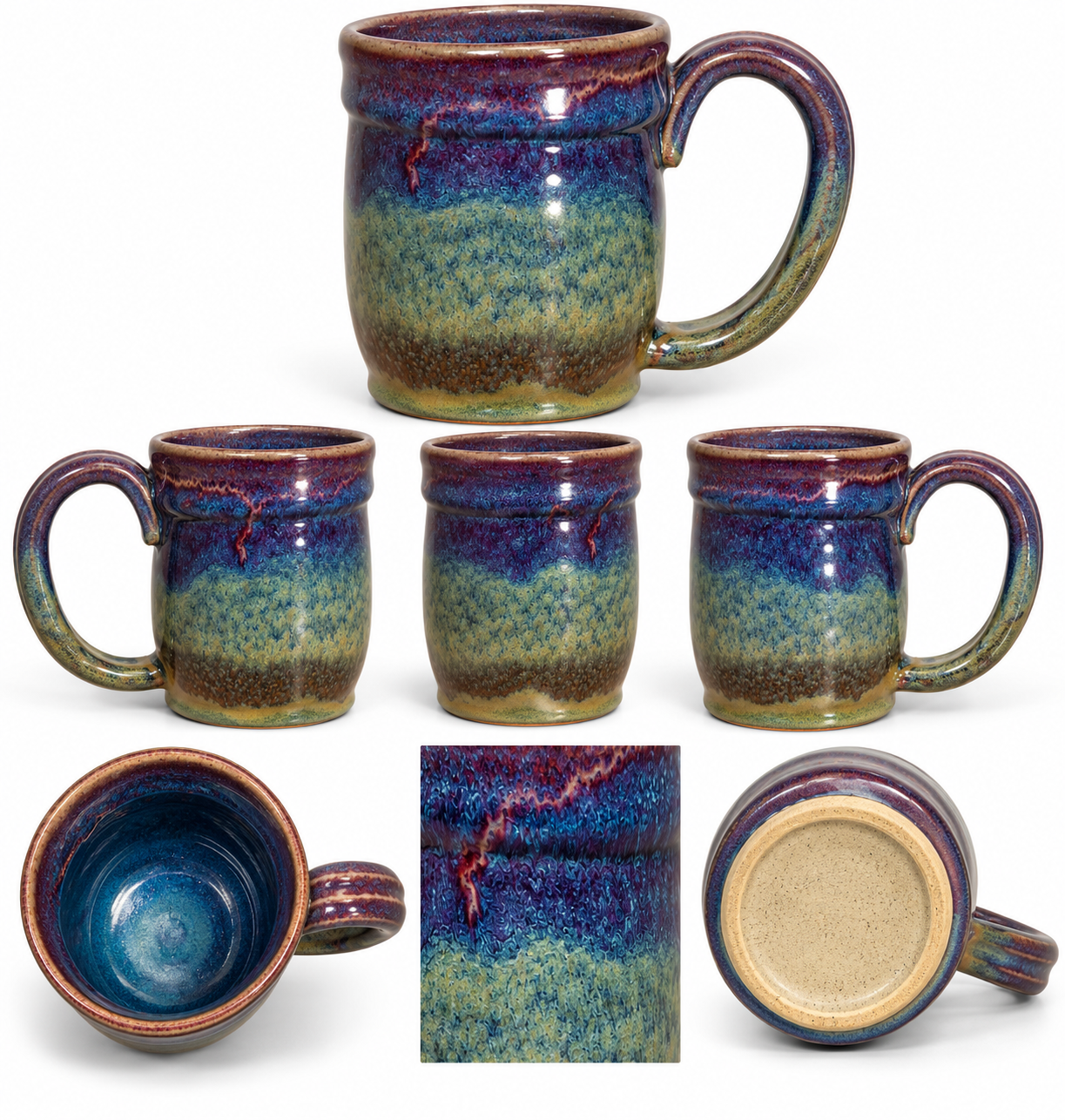 Aurora Ridge large handmade mug with iridescent purple, blue, and green glaze, shown from multiple angles