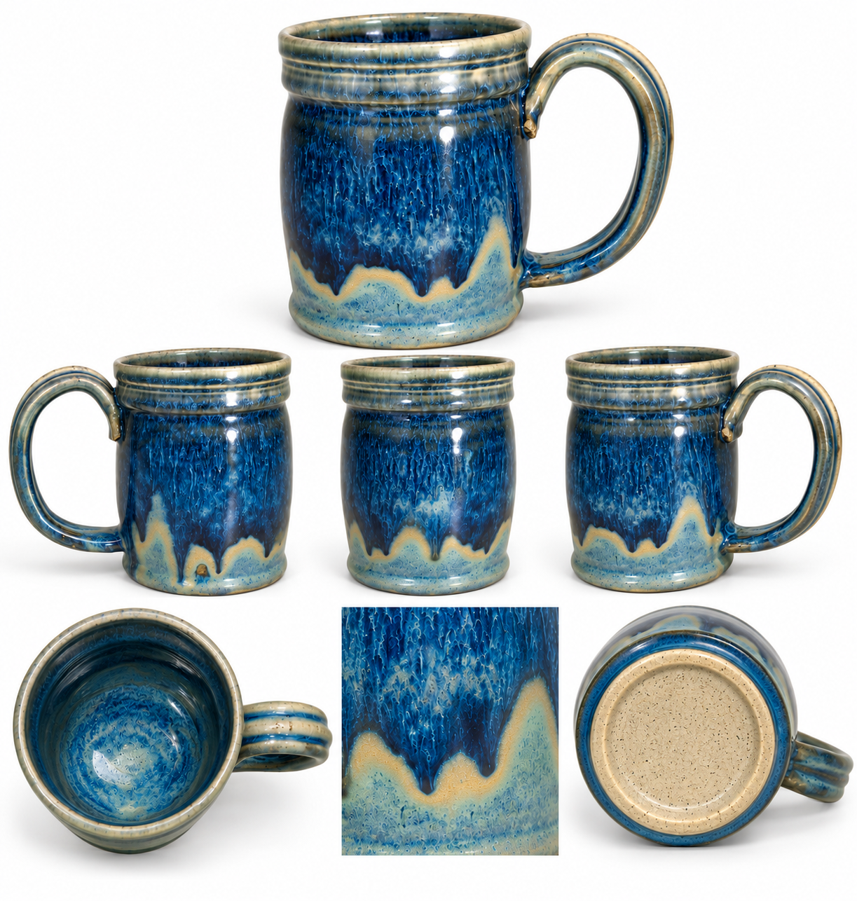 Midnight Cascades large handmade mug with deep blue cascading glaze over a sandy beige break, shown from multiple angles