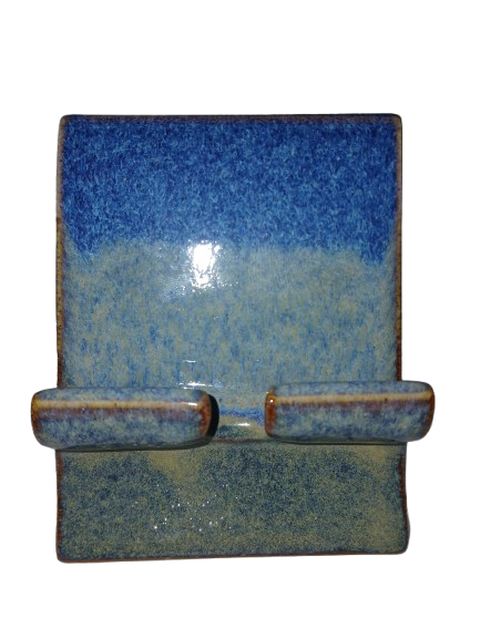 Handmade ceramic cell phone stand with layered cobalt and sea blue glaze