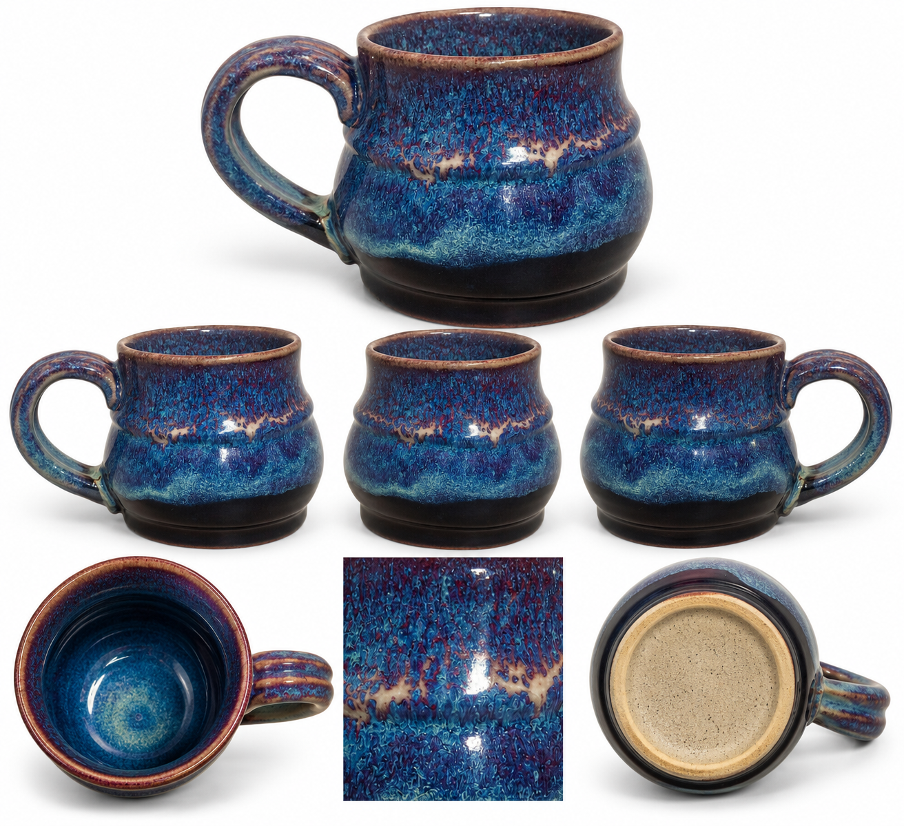 Indigo Basin medium handmade stoneware mug with electric blue and violet speckled glaze over a black base, shown from multiple angles