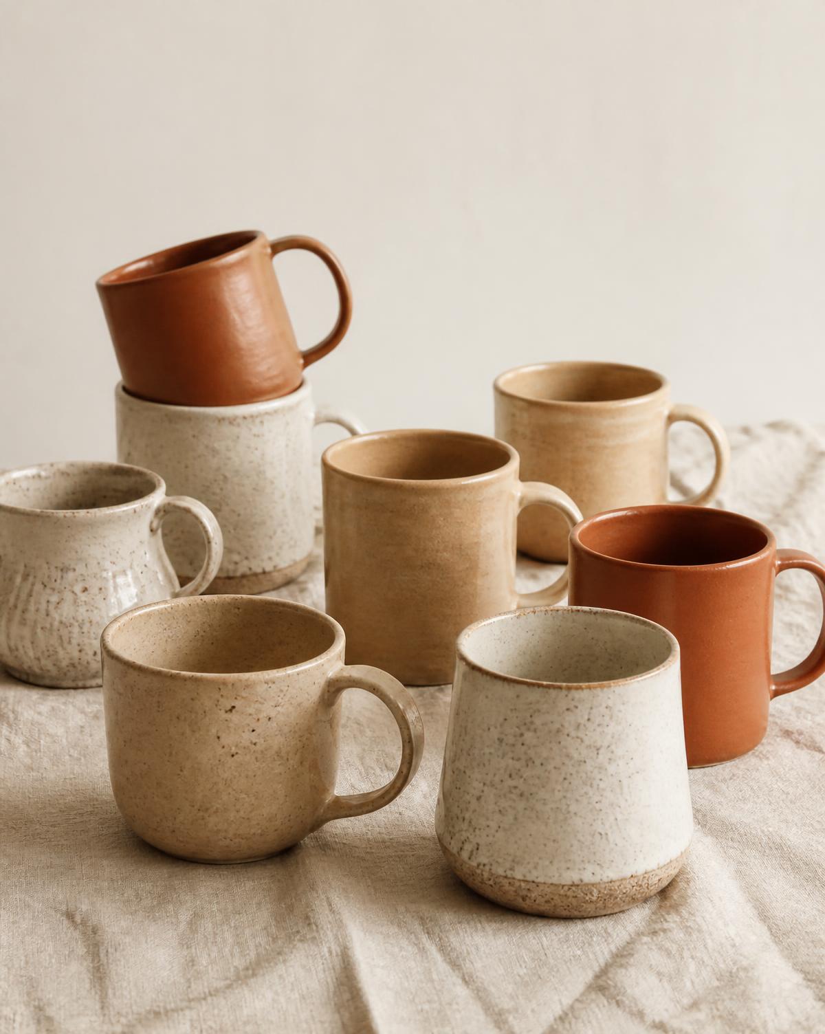 Handmade coffee mugs in a range of sizes from small cups to large mugs