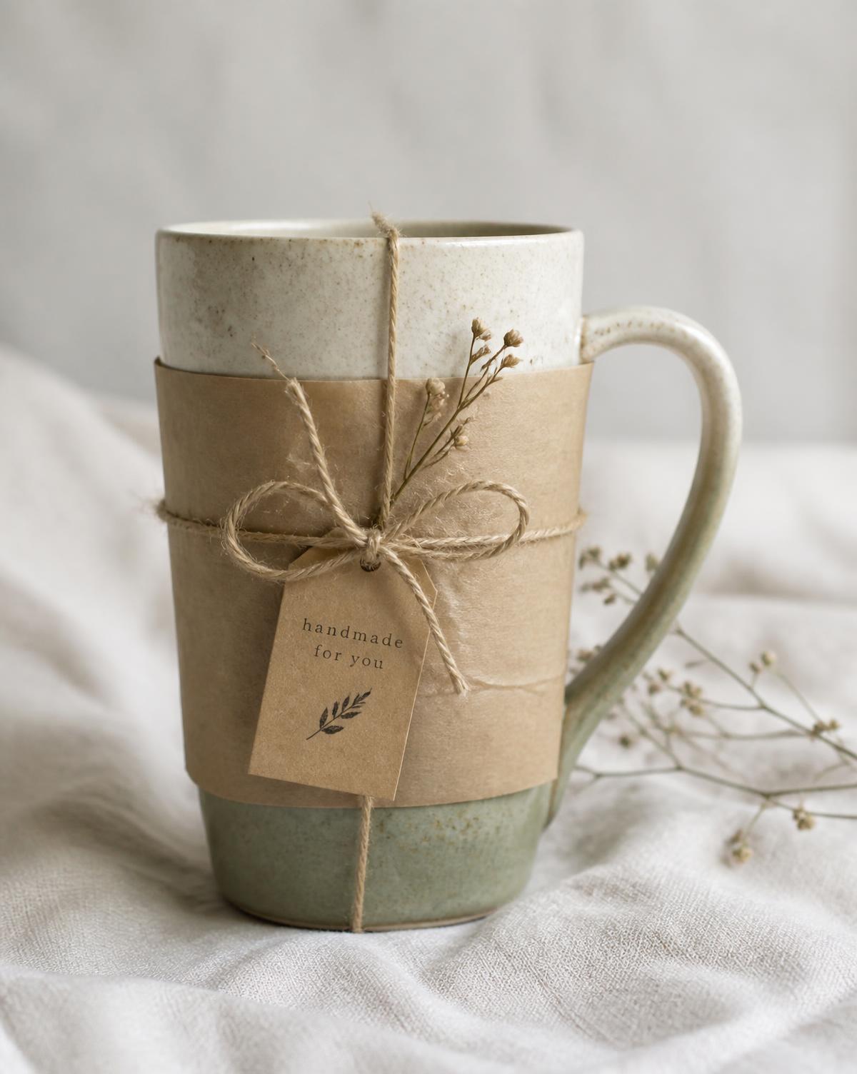 Handmade stoneware mug with custom stamped lettering wrapped for gifting