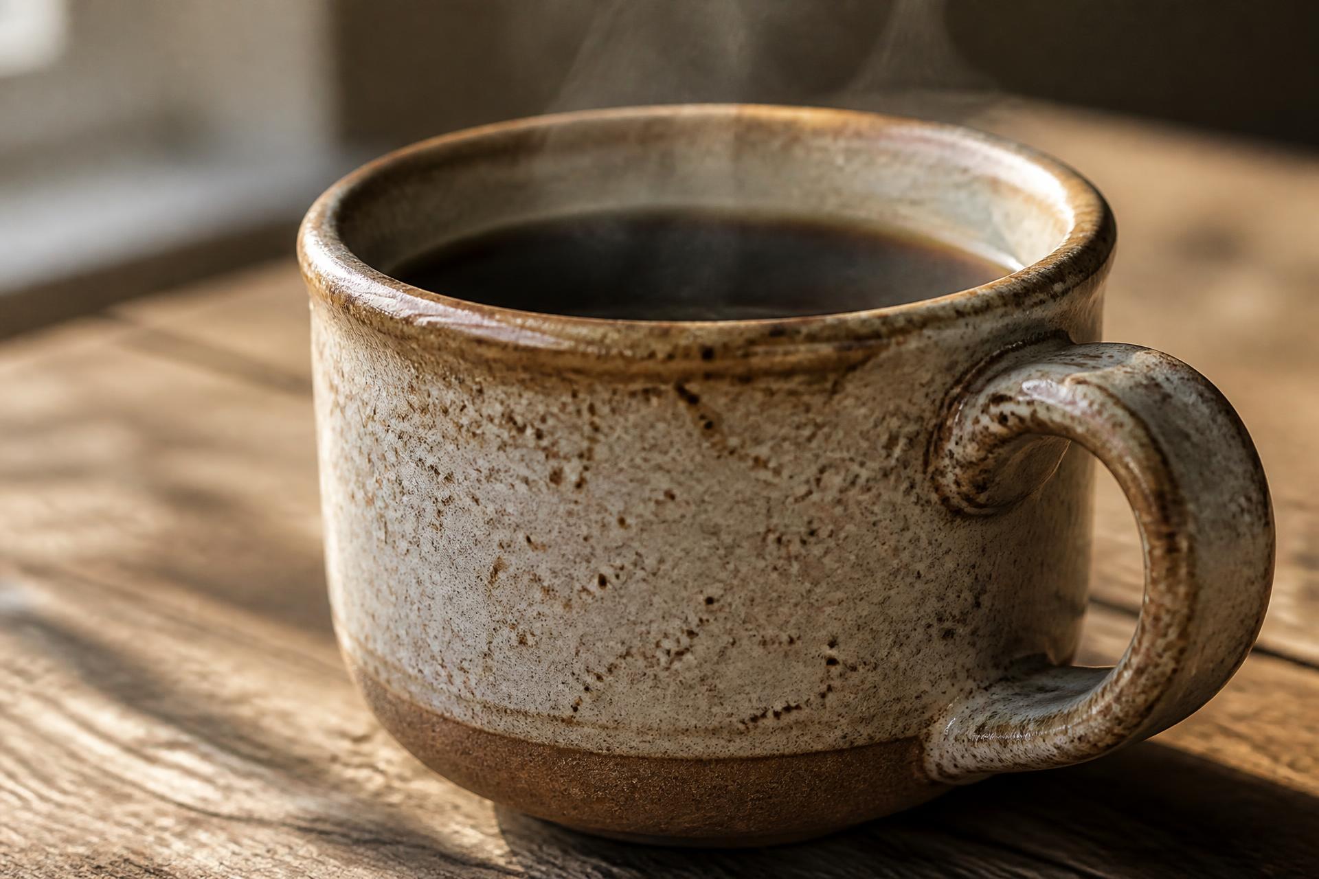 Finished handmade stoneware coffee mug filled with coffee on a wooden table